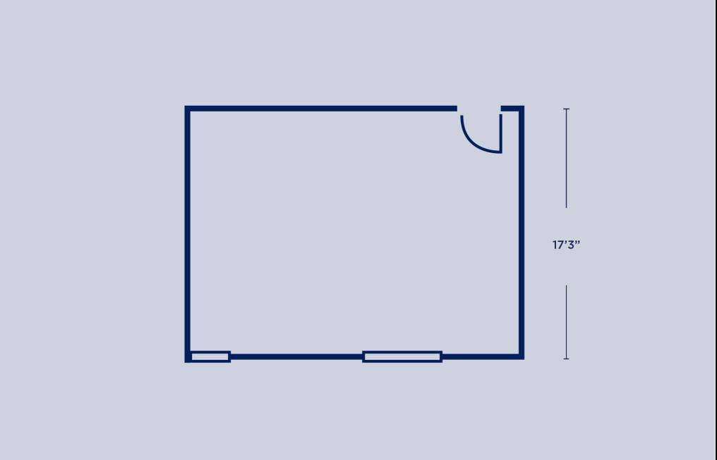 Light blue back ground with dark blue illustration of a floor plan for a Ware 1 bedroom triple